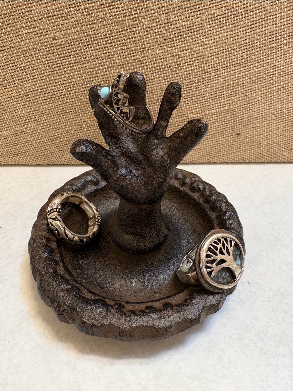 Rustic Hand Jewelry Holder with Tree of Life Ring and Silver Accents 3 rings